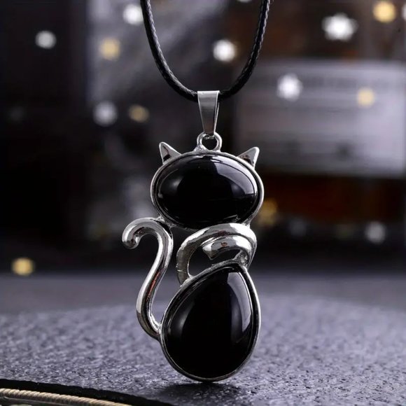 Black Obsidian Natural Stone Cute Cat Pendant Necklace - Picture 3 of 3